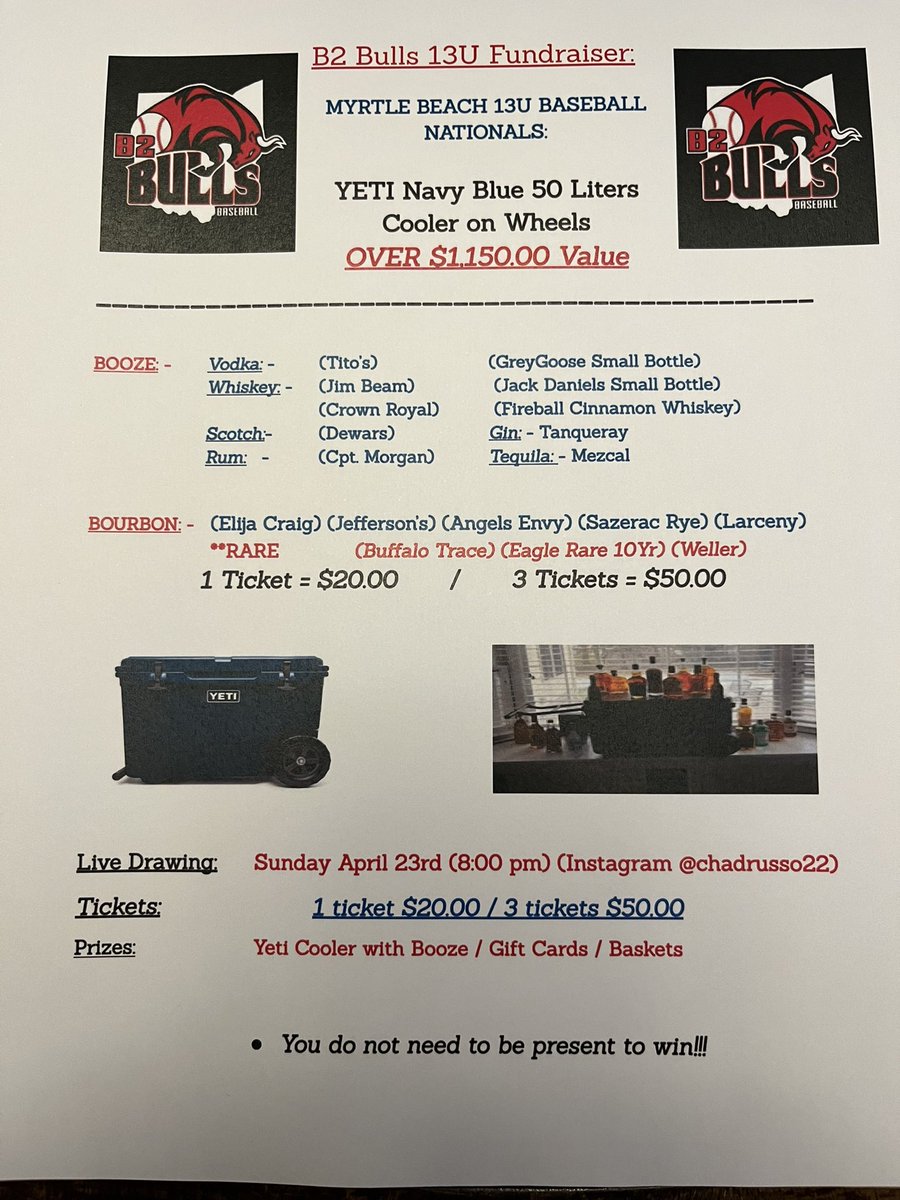 Great fundraiser! A $1,200.00 value for $20! Must be 21, Let me know if you like bourbon 🥃 and if you’re interested! Great opportunity to support some great kids and help them go to Myrtle Beach 🏝️ 

@B2BullsJarabeck  <a href="/coachzblair10/">Zak Blair</a> #b2empire #b2family