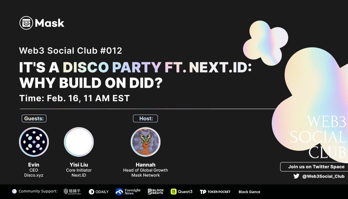 1/ We don't talk about decentralized identity enough 🗣

What do DID infra and App layer look like?

Feb. 16, @ 11 AM ET, join us with the party people <a href="/discoxyz/">disco</a> &amp; contributors <a href="/NextDotID/">Next.ID (👥,👥)</a> about all things DID!

🔗 x.com/i/spaces/1rmxP…

➡️ Follow, RT &amp; Comment
✨ Perks below ↓