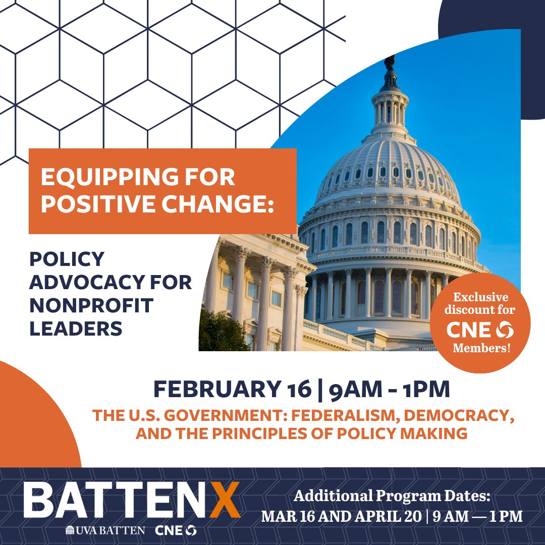 Coming up next week: The first workshop in a three-part series developed by CNE and The Batten Foundation and designed to give nonprofit leaders the knowledge and skills for successful policy advocacy. Learn more and register at: ecs.page.link/w92FD 
#nonprofitadvocacy