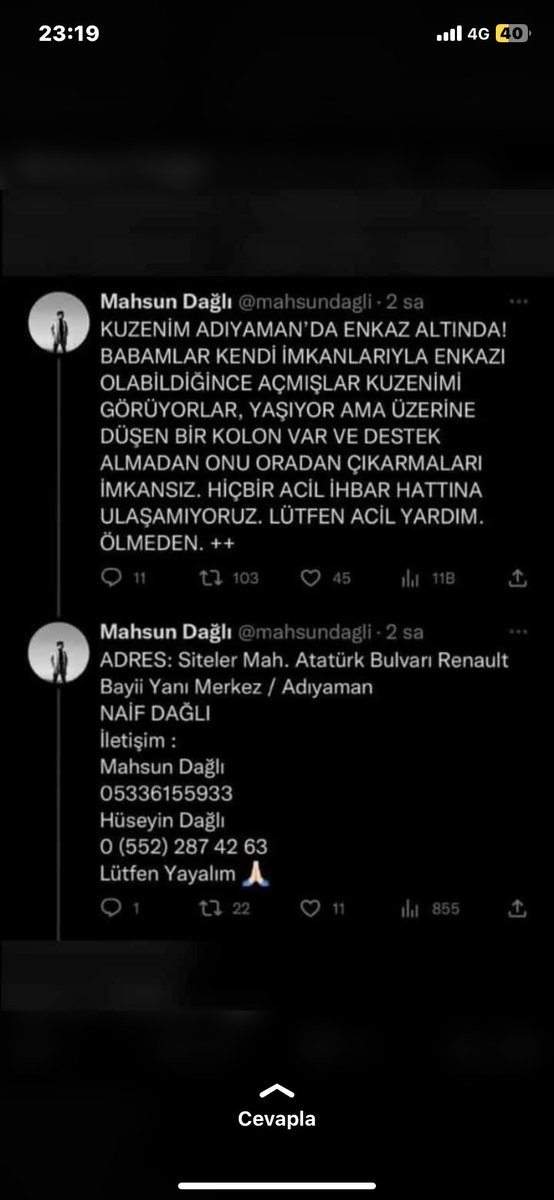 Lütfen paylaşalım destek olalım arkadaşlar !!!
#ADIYAMAN 
#AFAD 
#naifdagli
#deprem 
#ENKAZALTINDA