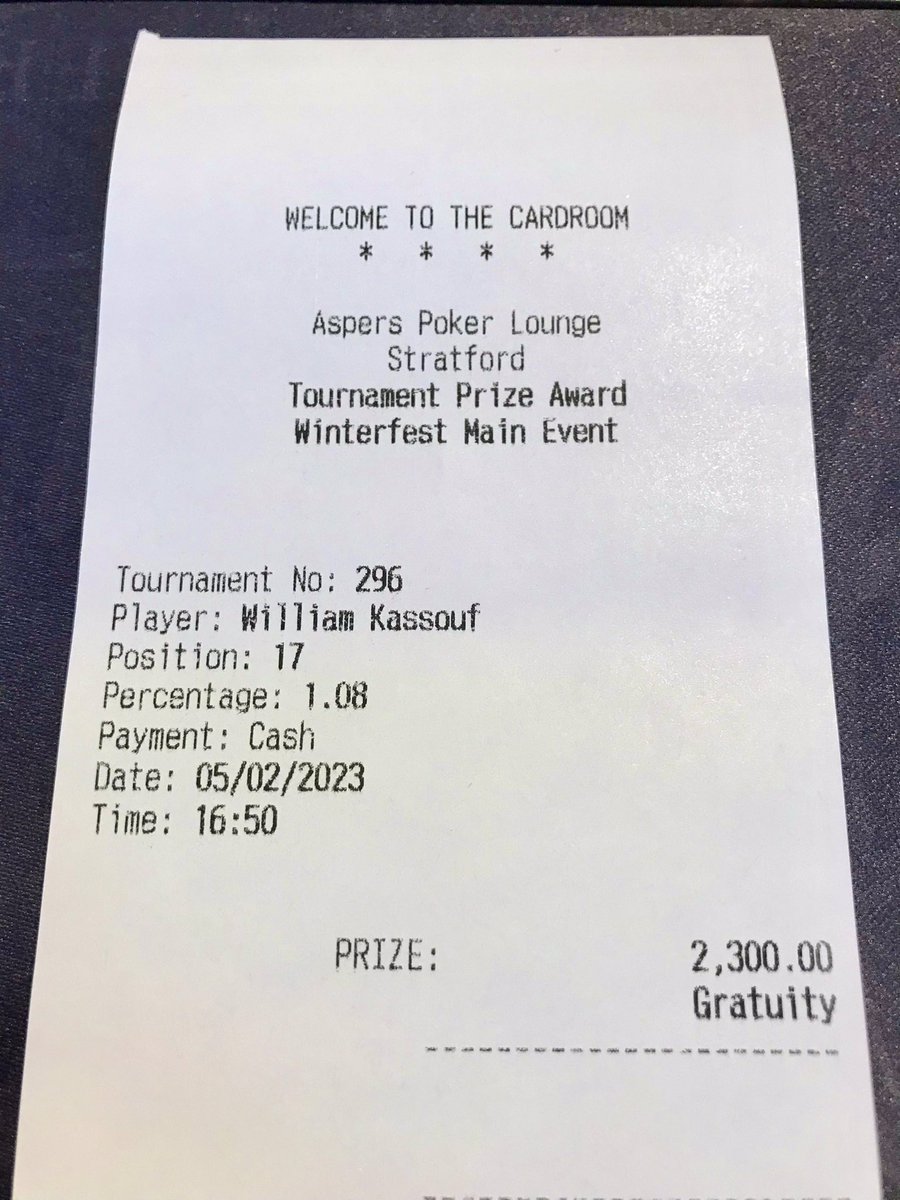 WilliamKassouf's tweet photo. @AspersPoker London WinterFest
ยฃ540 Main Event - Finished 17th out of 405 for ยฃ2,300
ยฃ300 PKO - 106 players. Did a 3 way ICM chop as casino was closing
Cashed for ยฃ2,965 plus ยฃ2,275 in bounties
So a grand total of ยฃ7,540 like a boss!
๐ค๐ฃ๐ช๐ฐ๐พ๐โ๏ธ
#aspers
#WinterFest
#poker https://t.co/QsIsdsj1nt