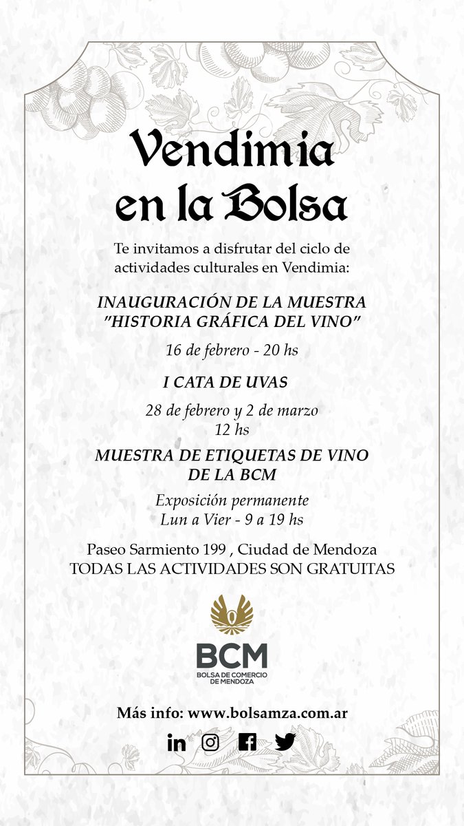 Te invitamos a participar de este nuevo de ciclo de Vendimia en La Bolsa. Agendá las actividades culturales que tenemos para que disfrutes esta Vendimia 🍇 🍷 

#bolsadecomercio #bdc #mendoza #vendimia #vendimiaenlabolsa
