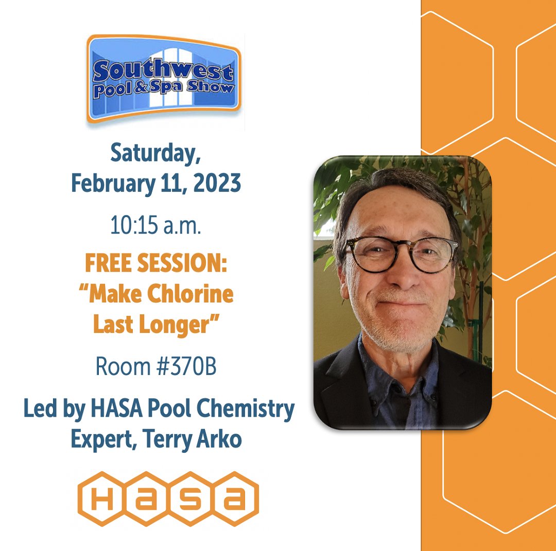 hasapoolinc's tweet image. HASA’s Terry Arko will be at the SW Pool and Spa Show with a session on How to Make Chlorine Last Longer this Sat 2/11. Also, come by the HASA Booth #925 for free pool pro tools, a 25% discount coupon for purchasing a HASA Liquid Feeder™ and more. #chlorine #poolpro