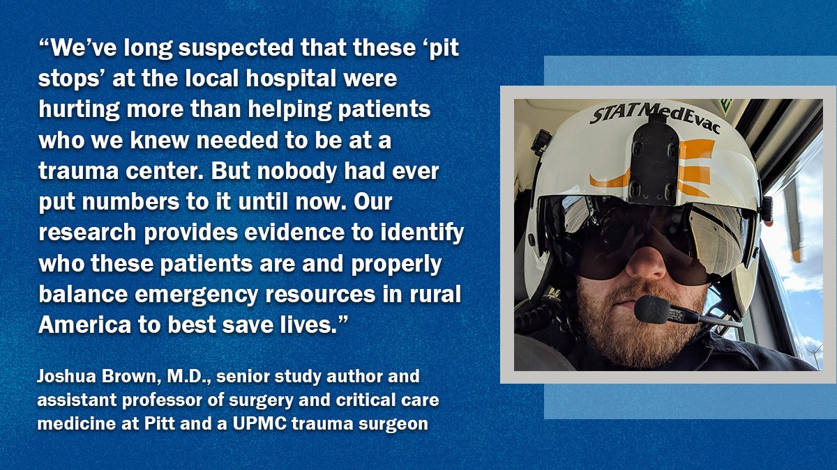 Taking severely injured patients directly to a trauma center by helicopter doubles the odds of survival, a new <a href="/PittTweet/">University of Pittsburgh</a> and <a href="/UPMC/">UPMC</a> study finds. upmc.me/3YpUxEg