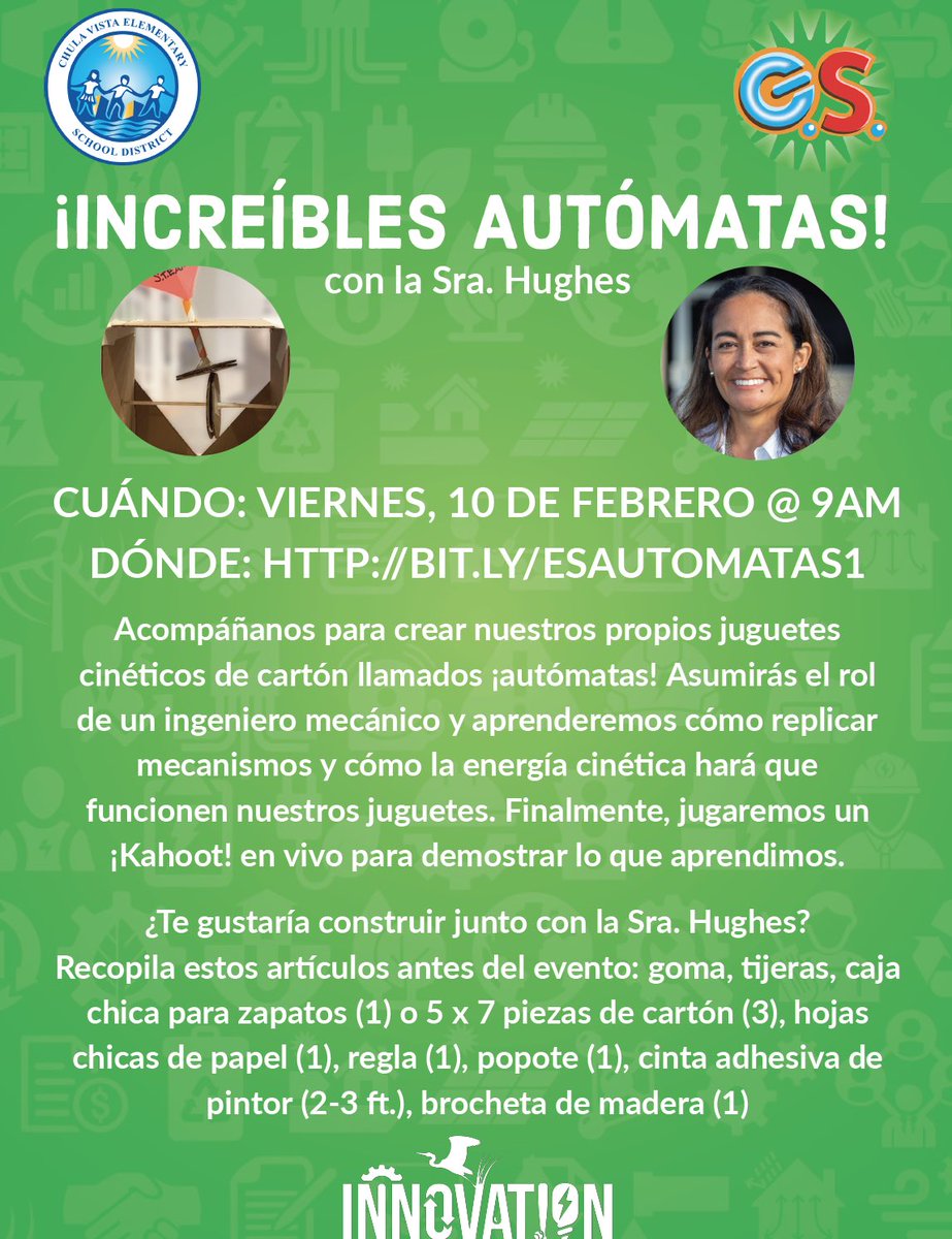Join us for our next <a href="/CVESDNews/">CVESD News</a> Innovation LIVE! event: 

“Awesome Automatas!” with <a href="/MelissaGHughes/">Melissa Hughes</a> 

Where 💻 (English): bit.ly/esautomatas

Where 💻 (Spanish interpretation): bit.ly/esautomatas1

When 🕘: Friday, February 10 @ 9AM