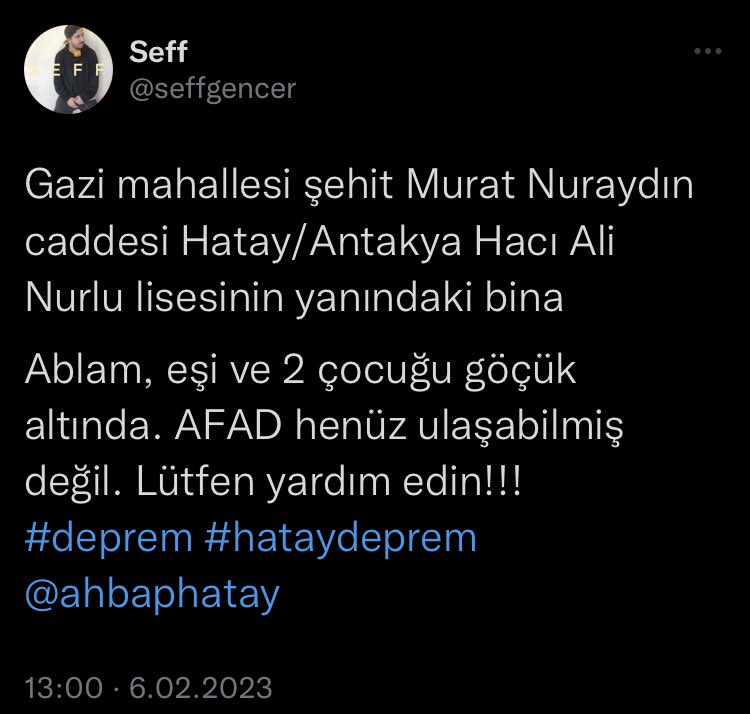 seffgencer's tweet photo. Hala utanmadan ulaşılamayan yer yok deniliyor. Benim aileme hala hiç kimse ulaşmadı. Sesimizi duyan yok. Öldüler mi yaşıyorlar mı bilmiyoruz. Artık sağ ya da değil sadece onlara kavuşmak istiyoruz. Yardım edin lütfen bize yardım edin
#hatayafad #hataydepremi #hatayyardimbekliyor https://t.co/3EdKGHrsMB