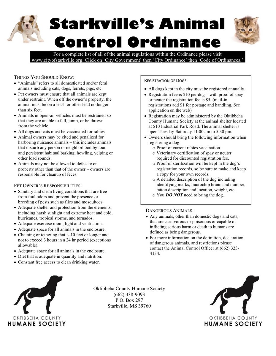 This is a helpful flyer that our friends <a href="/ochsms/">Oktibbeha County Humane Society 🐾</a> have to simplify our city ordinances and help keep everyone informed. If you have questions feel free to reach out to us at 662-323-4134 or 662-769-2728. Animal Control’s regular hours are Monday through Friday from 8 am to 4 pm.