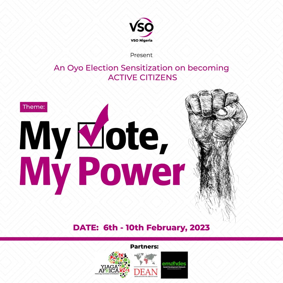 National Youth Engagement Network (@yen_national) on Twitter photo Hi,
Join us #VSONigeria from 6th to 10th February, 2023 as we engage through Community sensitizations & engagements on how to become ACTIVE CITIZEN on the Theme "My Vote, My Power"
#activecitizens
#myvotemypower
<a href="/YIAGA/">Yiaga Africa</a>
<a href="/DSamsonItodo/">#NotTooYoungToRun</a>
<a href="/coolfinesse/">Maazị Iheanyi Igboko</a>
<a href="/Malala/">Malala Yousafzai</a> Hi,
Join us #VSONigeria from 6th to 10th February, 2023 as we engage through Community sensitizations & engagements on how to become ACTIVE CITIZEN on the Theme "My Vote, My Power"
#activecitizens
#myvotemypower
<a href="/YIAGA/">Yiaga Africa</a>
<a href="/DSamsonItodo/">#NotTooYoungToRun</a>
<a href="/coolfinesse/">Maazị Iheanyi Igboko</a>
<a href="/Malala/">Malala Yousafzai</a>