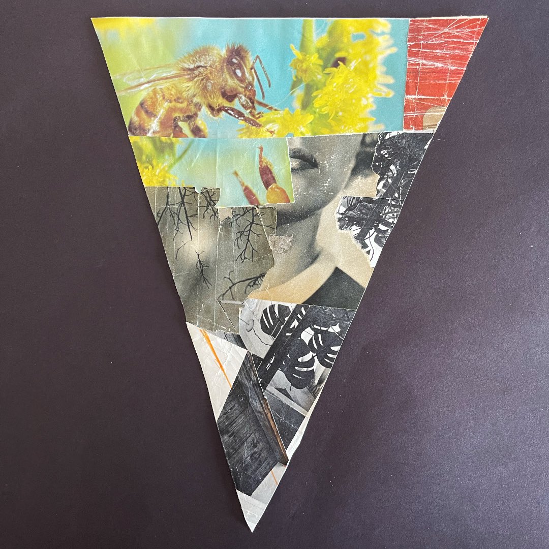 MissSpoke12's tweet photo. Pennant for Kyiv. Project to decorate Kyiv in Color 🌼
#StandWithUkraine #kyivcollage #collage #collageart #handcutcollage 

ID: a triangle with images of a bee &amp; yellow flower against a blue sky &amp; a black &amp; white portrait of a woman’s face, partially revealed. https://t.co/49k2hNzHUs