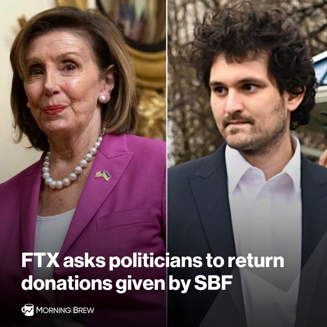 MorningBrew's tweet photo. FTX wants a refund.

In an effort to reimburse customers, the bankrupt crypto exchange reached out to politicians and political action committees who received payments made by Sam Bankman-Fried and others.

FTX employees donated a total of $90 million to politicians. (@nytimes) https://t.co/547v12xhPO