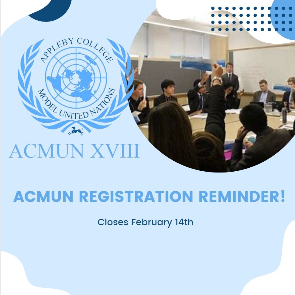 acmun's tweet photo. Reminder ACMUN registration closes February 14th! Link in bio to register.

#ACMUN #applebycollegemodelunitednations #UnitedNations https://t.co/YOfBaX5T2B