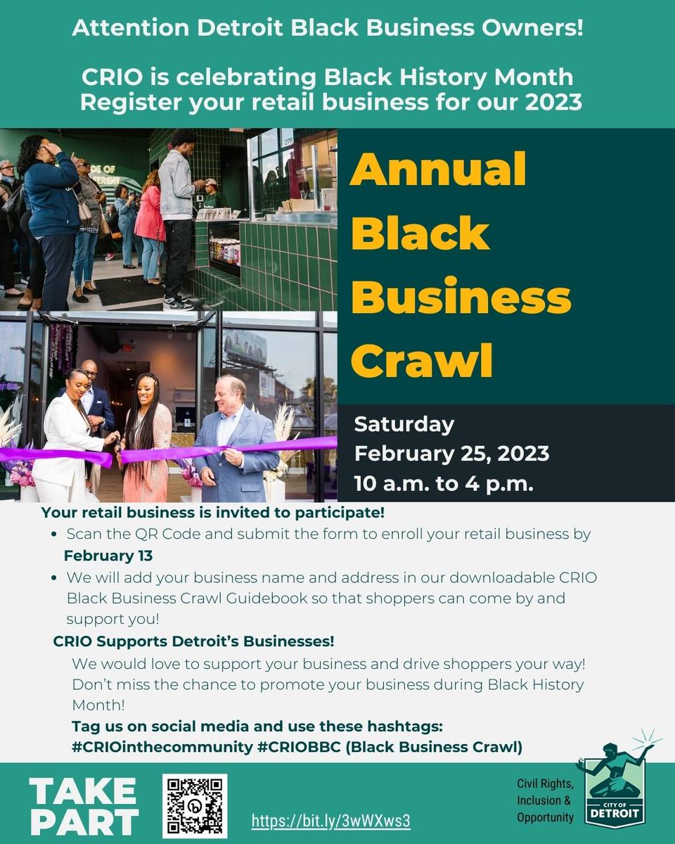 Detroit Black-owned businesses, help CRIO celebrate Black History Month by participating in our Annual Black Business Crawl. Sign up by using the link in our bio. #BHM #detroit #detroitcivilrights #blackownedbusiness #supportblackbusiness