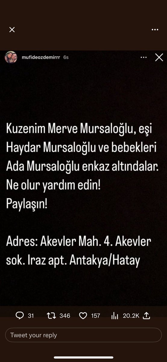 utkuemree's tweet photo. @ahmetercanlar @AtillaTasNet @ahbap @ProfDemirtas Hatay’da ailece yardım bekleniyor, iletmeniz ricasıyla https://t.co/gSddHjfTmH