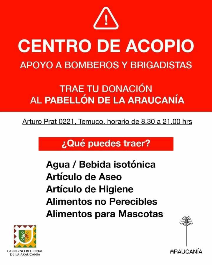 ⚠️ Nuestro Pabellón Araucanía sigue recibiendo su ayuda 💪🏼

✅ Te invitamos a que vengas con tu familia y amigos a apoyarnos en el centro de acopio ubicado en Pabellón Araucanía, calle Arturo Prat 0221 📍Desde las 8:30 horas hasta las 21:00 horas ⏰
#Temuco #LaAraucanía