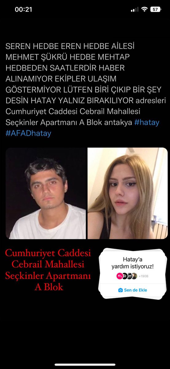 Diğer bölgelere nazaran Hataya az yardım gitmiş söylenilene göre lütfen yayalım görelim gördürelim bizlere ihtiyaçları var 😥🙏🏼   #AFAD #AFADhatay #emniyetgm #hatayafad #hatayyardimbekliyor