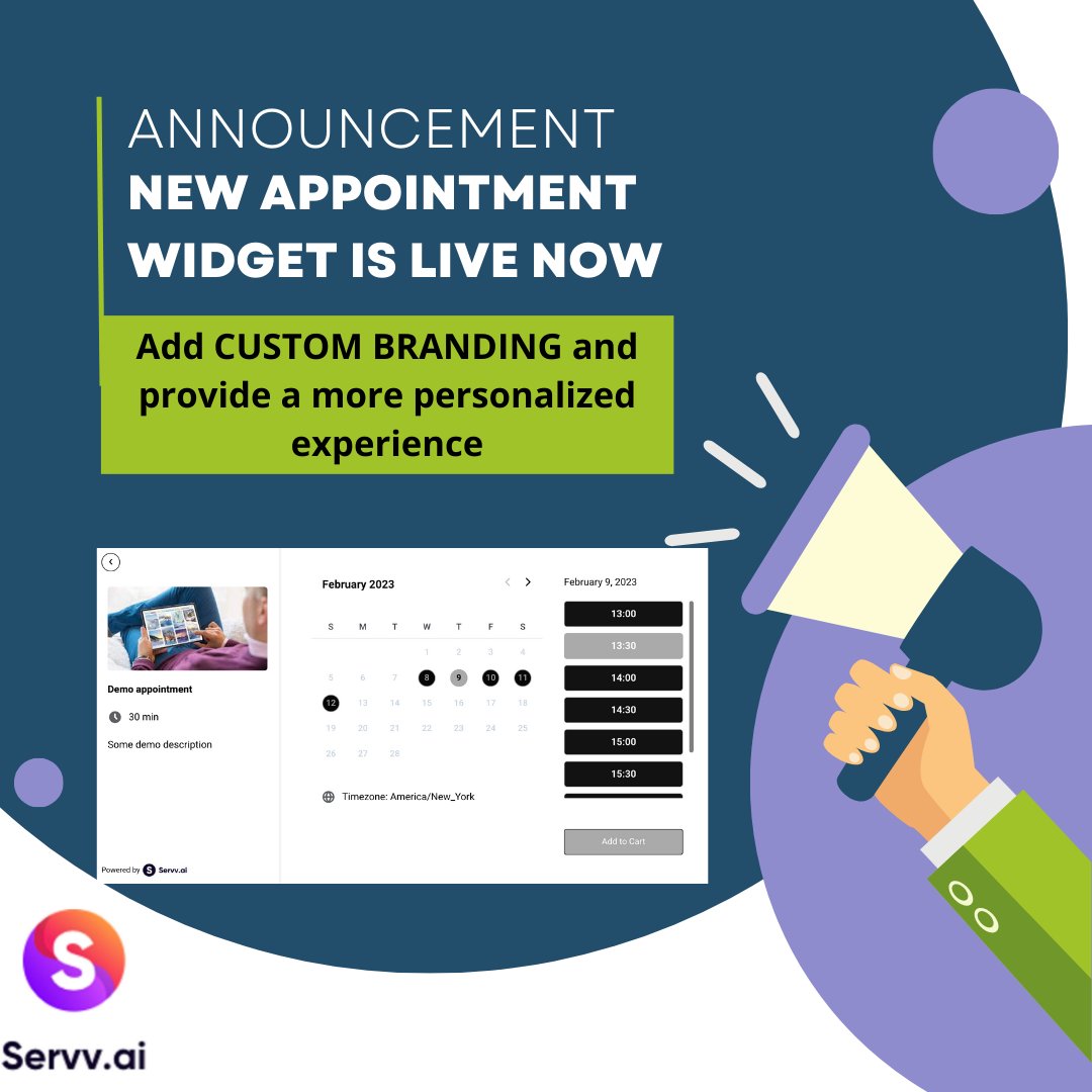 New Appointment Widget is live now!!

#ServvTeam #events #virtualevents
#appointments
#virtualappointments #booking #inpersonappointment #recurringevents #onlineevents #ecommerce #custombranding #tech #technology #startup #management  #newapp #NewReleases #shopify #shopifyapp