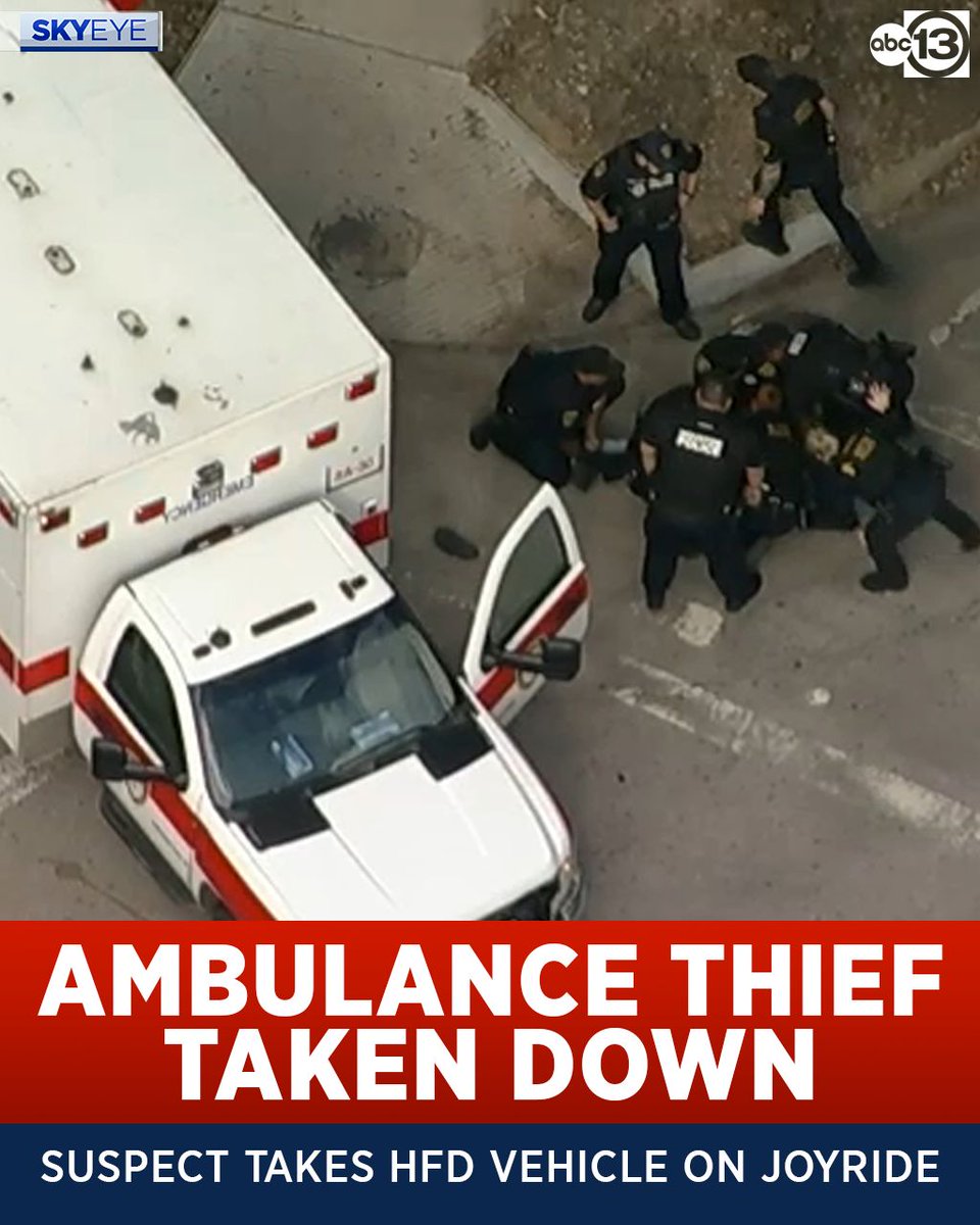 abc13houston's tweet photo. Update: Houston's police, fire departments faced an uncertain Monday afternoon when an ambulance taken from an HFD station was stolen without authorities able to track it. But SkyEye was there when officers made their move on the wayward emergency vehicle. https://t.co/FqaIYXX9LS https://t.co/Nu2EgaW2x5