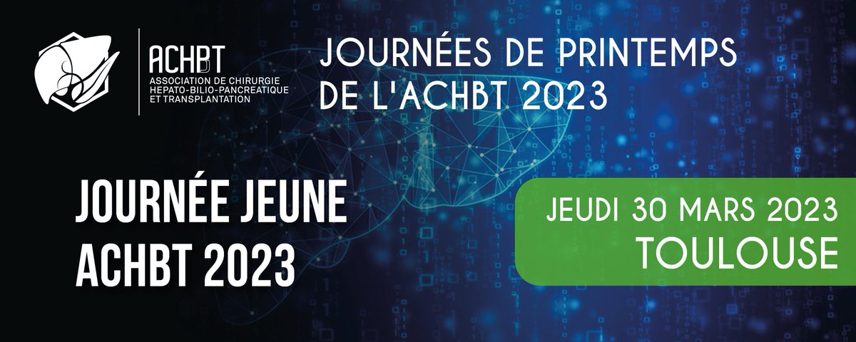 ACHBTJeunes's tweet photo. La journée jeune de l'ACHBT aura lieu le 30 mars 2023 à Toulouse !
Thème : Gestion des complications bilio-pancréatiques
Invités : Pr A. Sa Cunha, Pr Christophe Laurent et Pr F. Muscari

Programme : 
https://t.co/N8h8DFlwlH

Inscription gratuite mais obligatoire, limitée à 15. https://t.co/mNDafeKSku