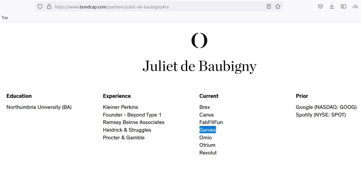 NFTethics's tweet photo. 1/ BOND is an investor in Yuga Labs and they also invest in Genies, which is also an investor in Yuga Labs. It turns out that the person in charge of that investment at BOND is Juliet De Baubigny, who invited Ghilaine Maxwell to an exclusive party at her former VC firm. https://t.co/ZF5lAjzMAc