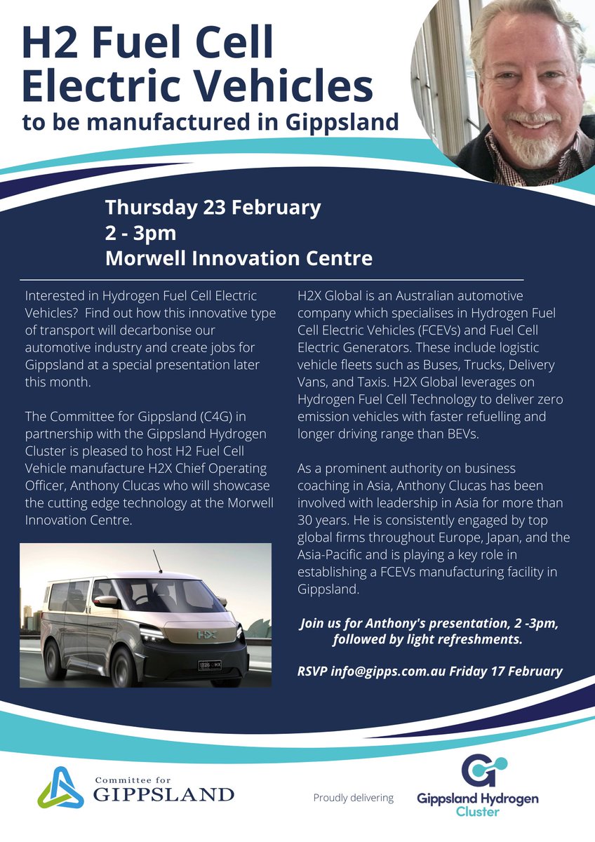 C4Gipps's tweet image. Interested in Hydrogen Fuel Cell Electric Vehicles? Find out how this innovative type of transport will decarbonise our automotive industry and create jobs for Gippsland at a special presentation later this month. RSVP by February 17 to info@gipps.com.au #CleanEnergy #FCEVs #C4G