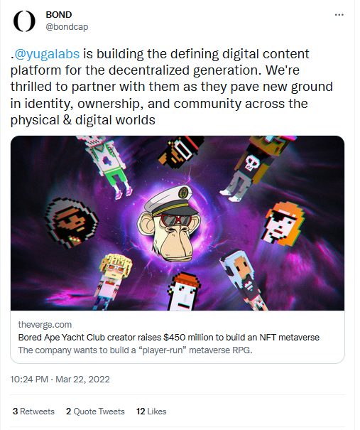 NFTethics's tweet photo. 1/ BOND is an investor in Yuga Labs and they also invest in Genies, which is also an investor in Yuga Labs. It turns out that the person in charge of that investment at BOND is Juliet De Baubigny, who invited Ghilaine Maxwell to an exclusive party at her former VC firm. https://t.co/ZF5lAjzMAc