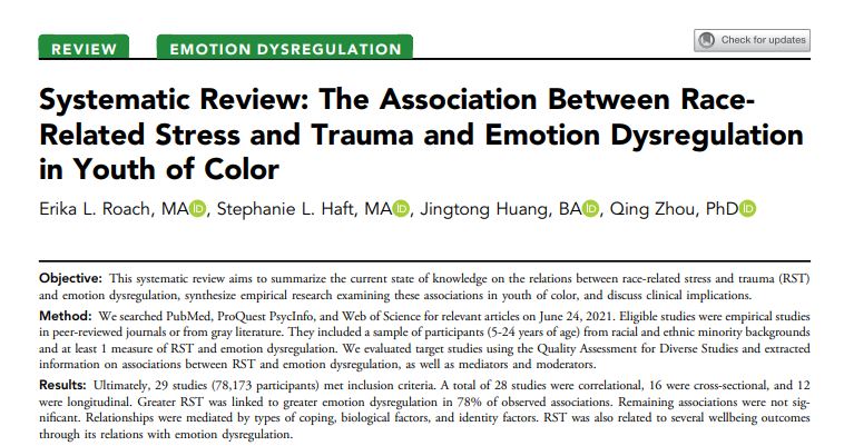 #JAACAP #systematicreview finds that greater exposure to #racialstress and trauma is consistently linked to greater #emotiondysregulation and decreased wellbeing in #youthofcolor. @erikasette @UCBerkeleyPsych jaacap.org/article/S0890-…