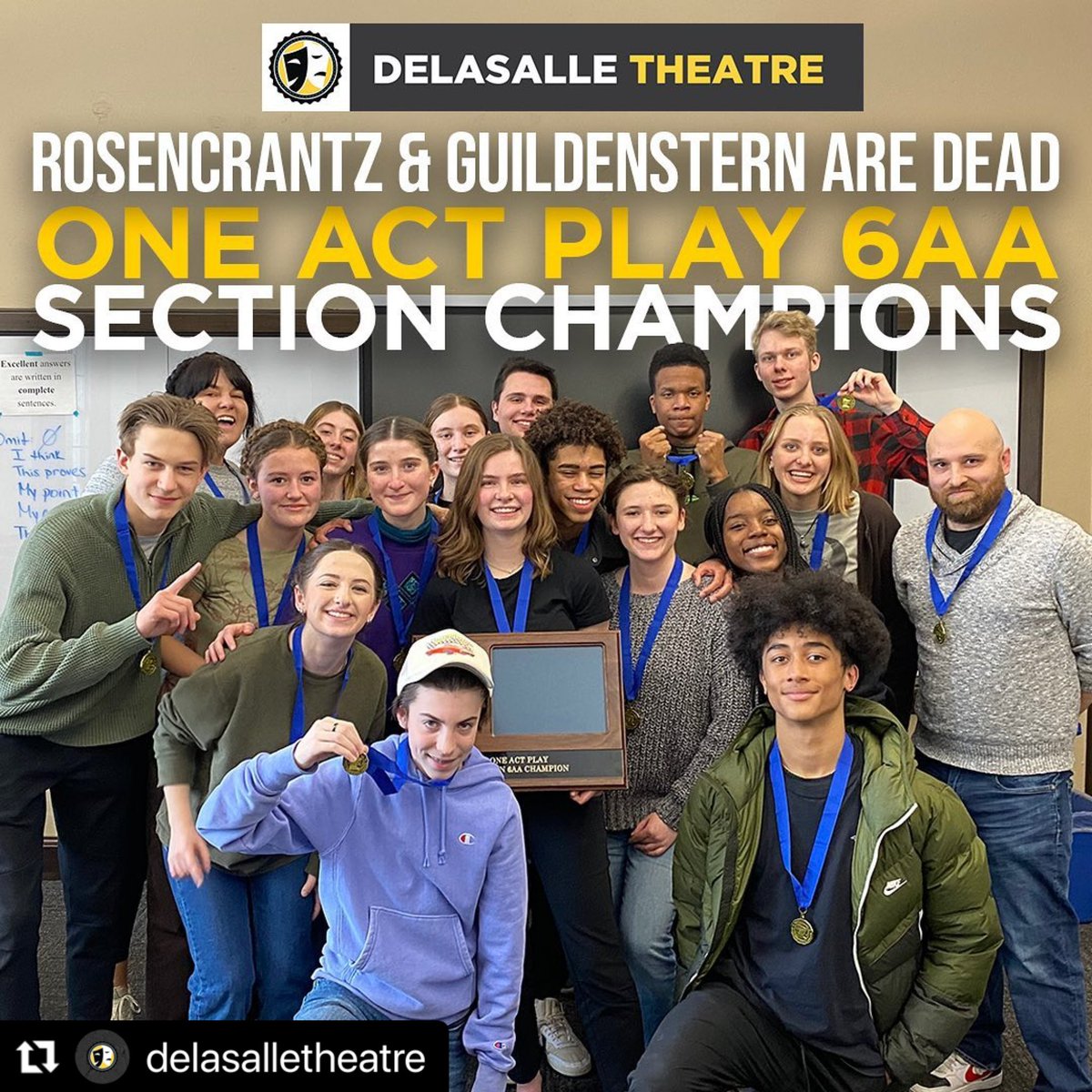 DLS_Activities's tweet image. TAKE STATE, DeLaSalle!

#Repost @delasalletheatre 
・・・
Congratulations to the One Act Play cast and crew on the 6AA section championship! Our show, Rosencrantz and Guildenstern are Dead, took first among a strong field of performances. Next stop, state!