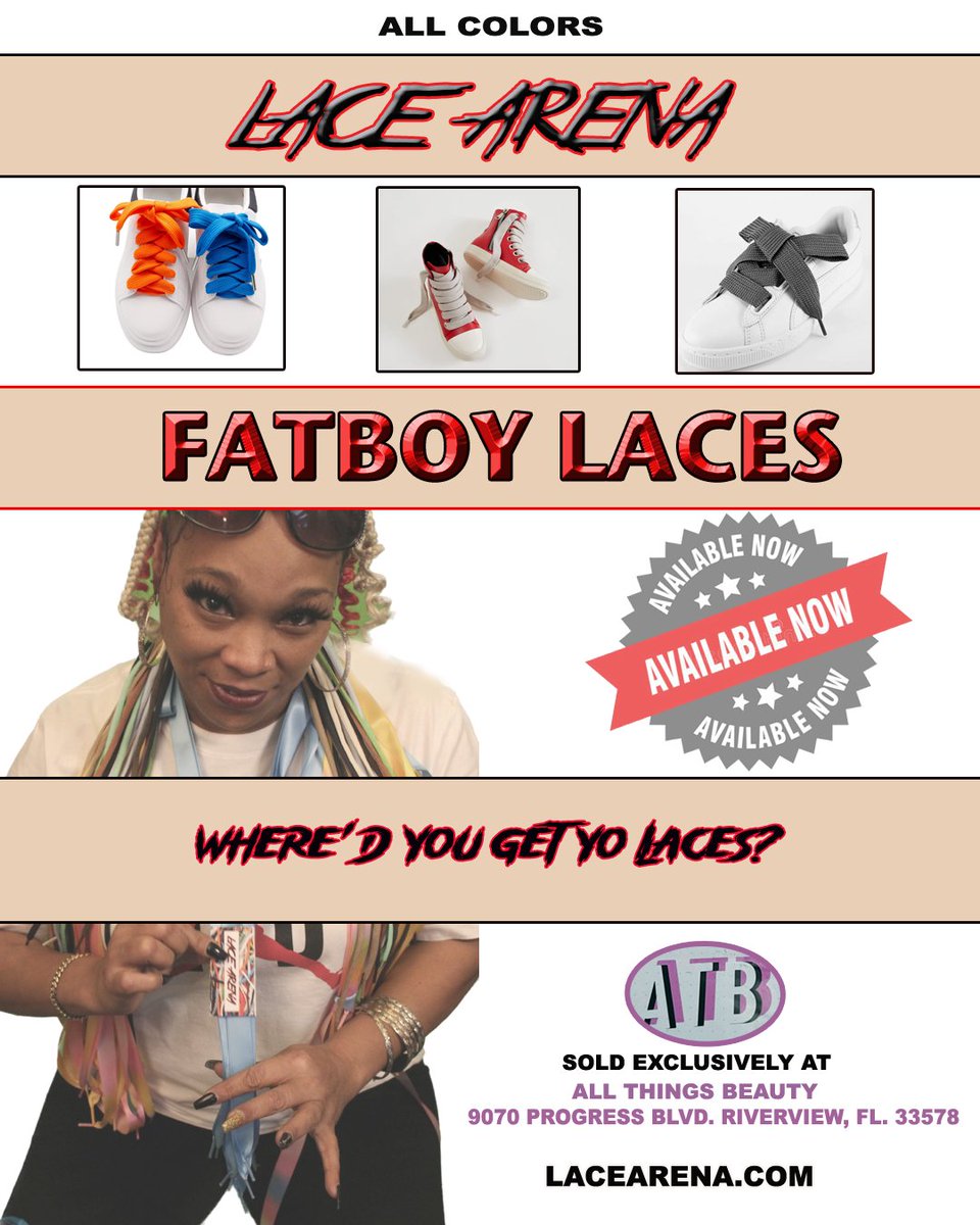 LaceArena's tweet photo. FATBOY LACES IN STOCK NOW!
SHOP LOCAL OR ONLINE!
#fatboyshoestrings #sneakerhead #lacearena #allthingsbeauty #tampasmallbusiness #femaleentrepreneur #customshoes #customshoelaces #theagencymogul1 https://t.co/9VebqJNUd8