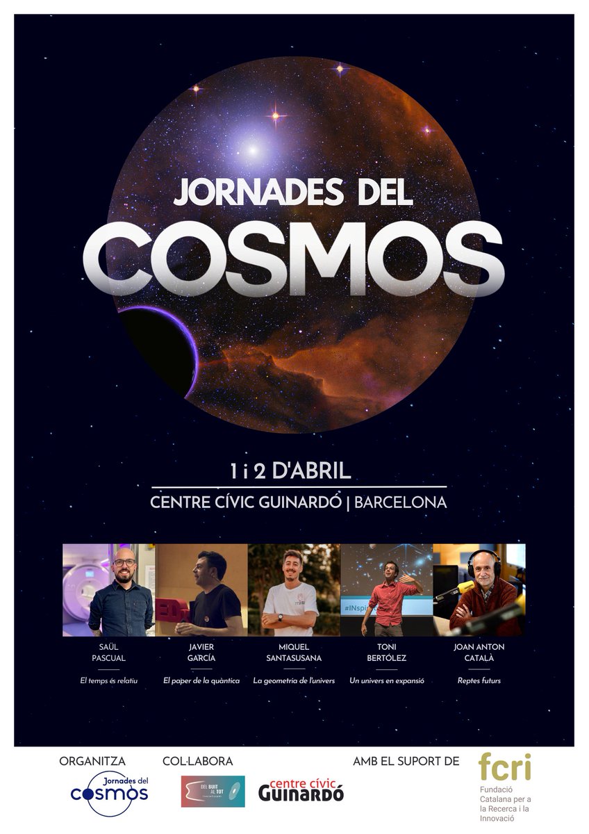 📢Atenció amants de la #cosmologia! Obriu agendes i reserveu 1 i 2 d'abril: arriben les #JornadesDelCosmos! 

🔭Ponències, debats i taules rodones amb ponents d'excepció: <a href="/estelsiplanetes/">Joan Anton Català Amigó</a> <a href="/javier110/">Javier García</a> <a href="/miqueeeeel/">Miquel</a> <a href="/delbuitaltot/">Del buit al tot</a>  i <a href="/SaulPascual/">Saül 🪐</a>

🚀Inscriu-te a jornadesdelcosmos.com