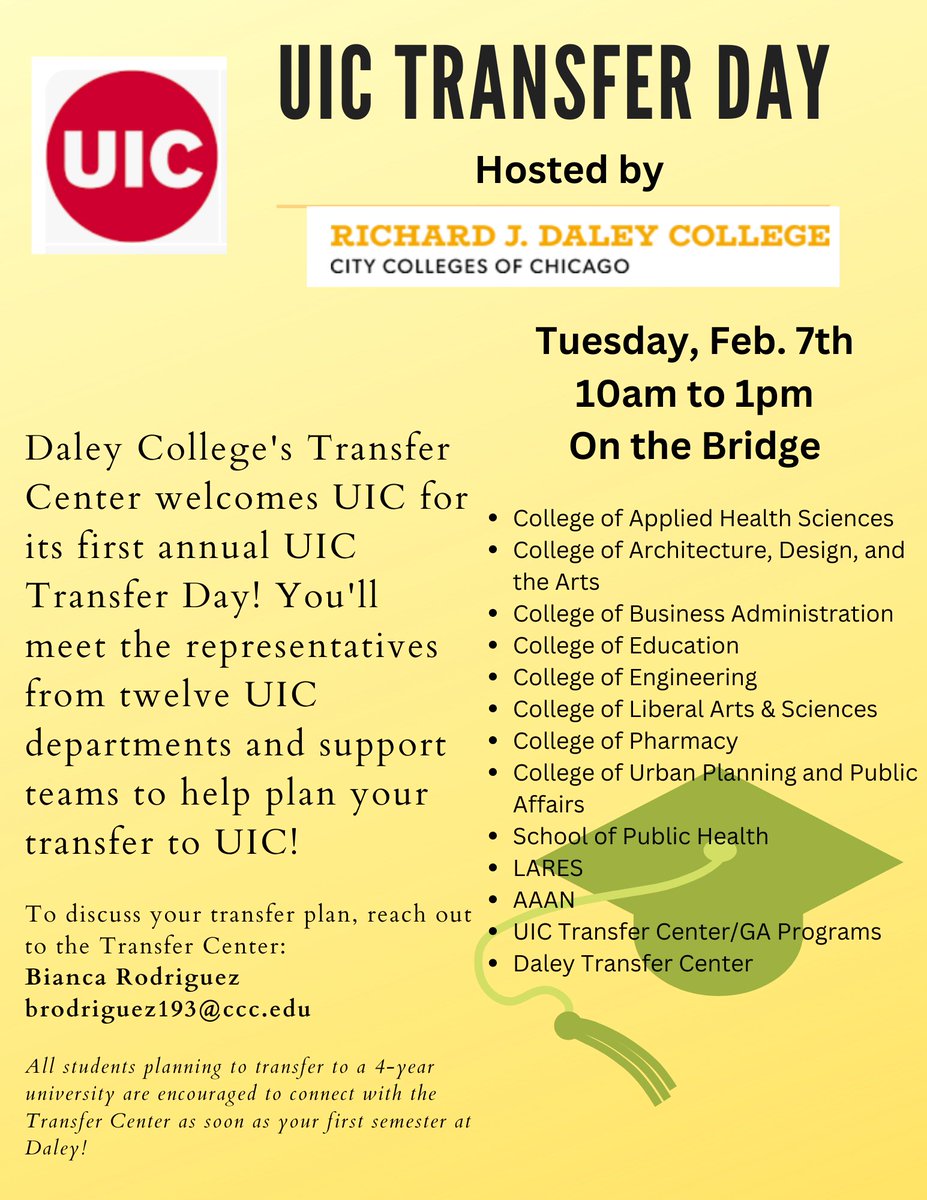 UIC_CollegeofEd's tweet photo. TOMORROW 2/7 Meet Dominque Thomas-Green @DaleyCollege UIC Transfer Day. Daley College is hosting the first UIC Transfer Day on the bridge Stop by any time between 10am-1pm to ask questions &amp; learn more about #uic ! Say hi to Dominque and Bianca @apply2uic https://t.co/MIbKK4e3o6