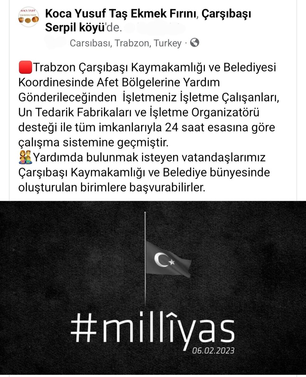 _savasusta's tweet photo. #Trabzon Çarşıbaşı Kaymakamlığı ve Belediyesi Koordinesinde Afet Bölgelerine Yardım  Gönderileceğinden  İşletmeniz Çalışanları, Un Tedarik Fabrikaları ve İşletme Organizatörü desteği ile tüm imkanlarıyla 24 saat esasına göre çalışma sistemine geçmiştir. #deprem https://t.co/kfZAD0Atmi