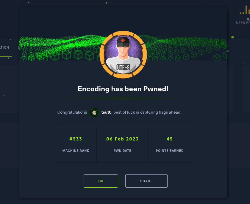 tsudots's tweet photo. Next in the line of @hackthebox_eu 52 weeks of pwning. Encoding was definitely interesting in terms of the number of hoops to jump through to get user but then root was cake after that. https://t.co/8pF5KXF3eP