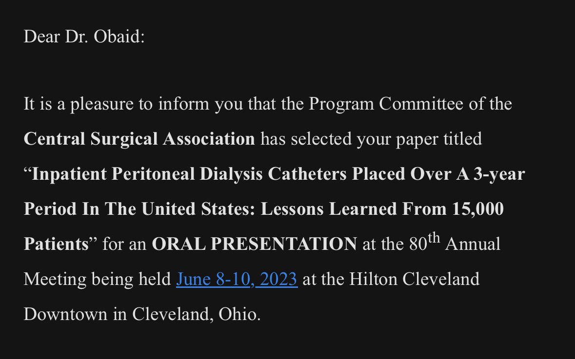 Congratulations to Omar Obaid, MD, PGY-1 for getting his research on peritoneal dialysis catheter placement techniques accepted for an oral presentation at the Central Surgical Association! #RocketSurgery #CSA2023