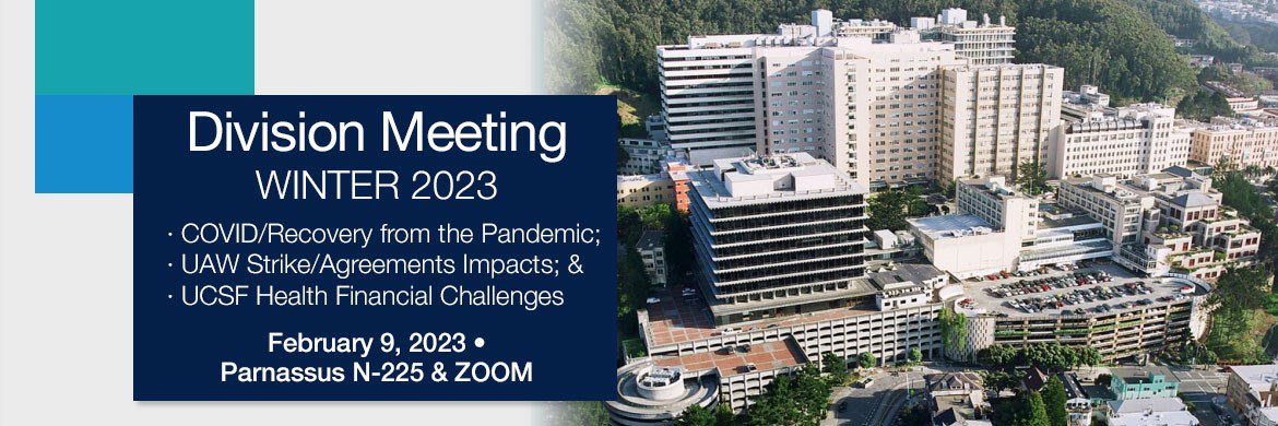 Chancellor Hawgood is speaking at the Senate’s Division meeting on Thursday, Feb. 9 at noon on UCSF’s challenges – pandemic recovery, adaptation to the UAW strike, and response to the UCSF Health budget shortfall. On Zoom and in N-225 on Parnassus. senate.ucsf.edu/division-meeti…