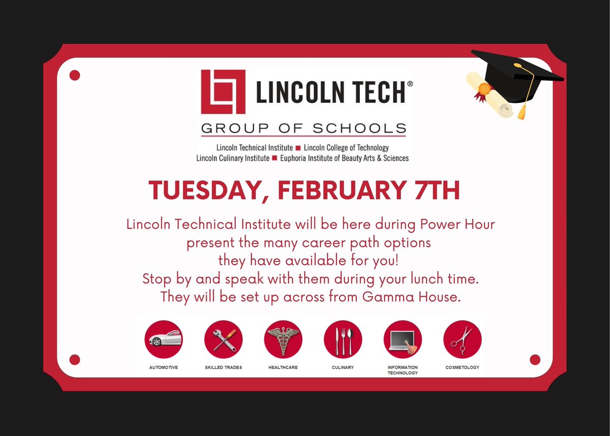 RC_CCA's tweet photo. Lincoln Tech will be here tomorrow during lunch! Stop by and get information on their classes. https://t.co/xNz9841GSl
