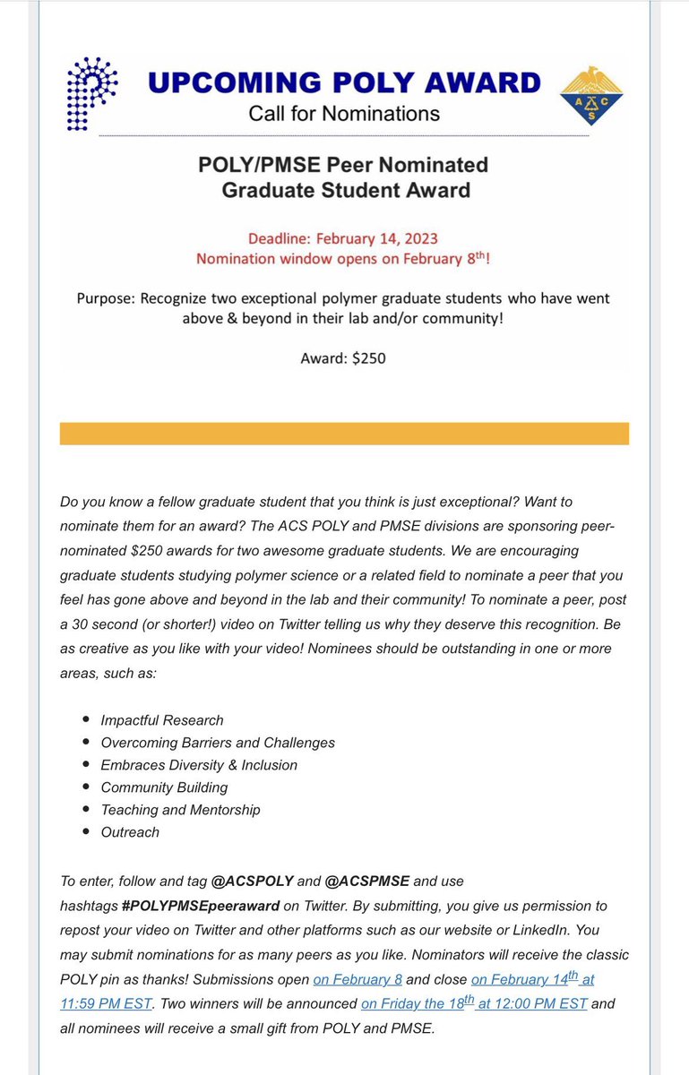Andrea Westlie (@awestlie_) on Twitter photo Polymer folks! Nominate your awesome colleagues for this <a href="/POLY_ACS/">ACS POLY Division</a> / <a href="/acspmse/">ACS PMSE Division</a> Graduate Student award via Twitter! Polymer folks! Nominate your awesome colleagues for this <a href="/POLY_ACS/">ACS POLY Division</a> / <a href="/acspmse/">ACS PMSE Division</a> Graduate Student award via Twitter!