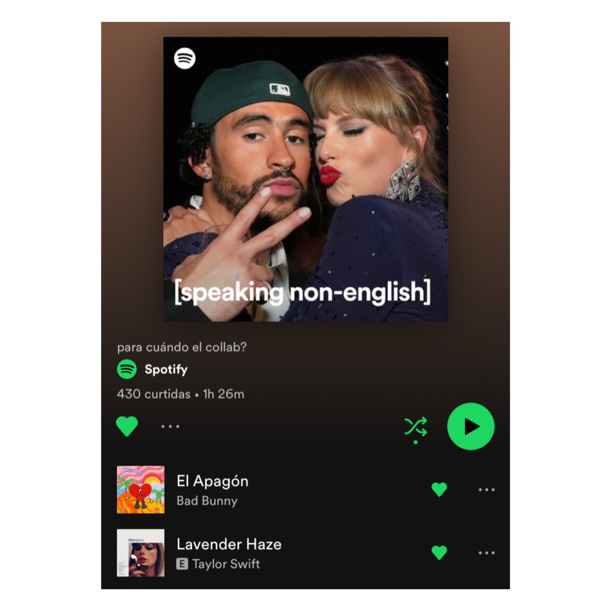 AccessBadBunny's tweet photo. Spotify creates a playlist with songs by Bad Bunny &amp; Taylor Swift. ❤️

“para cuándo el collab?” https://t.co/ITSIIqHNFe