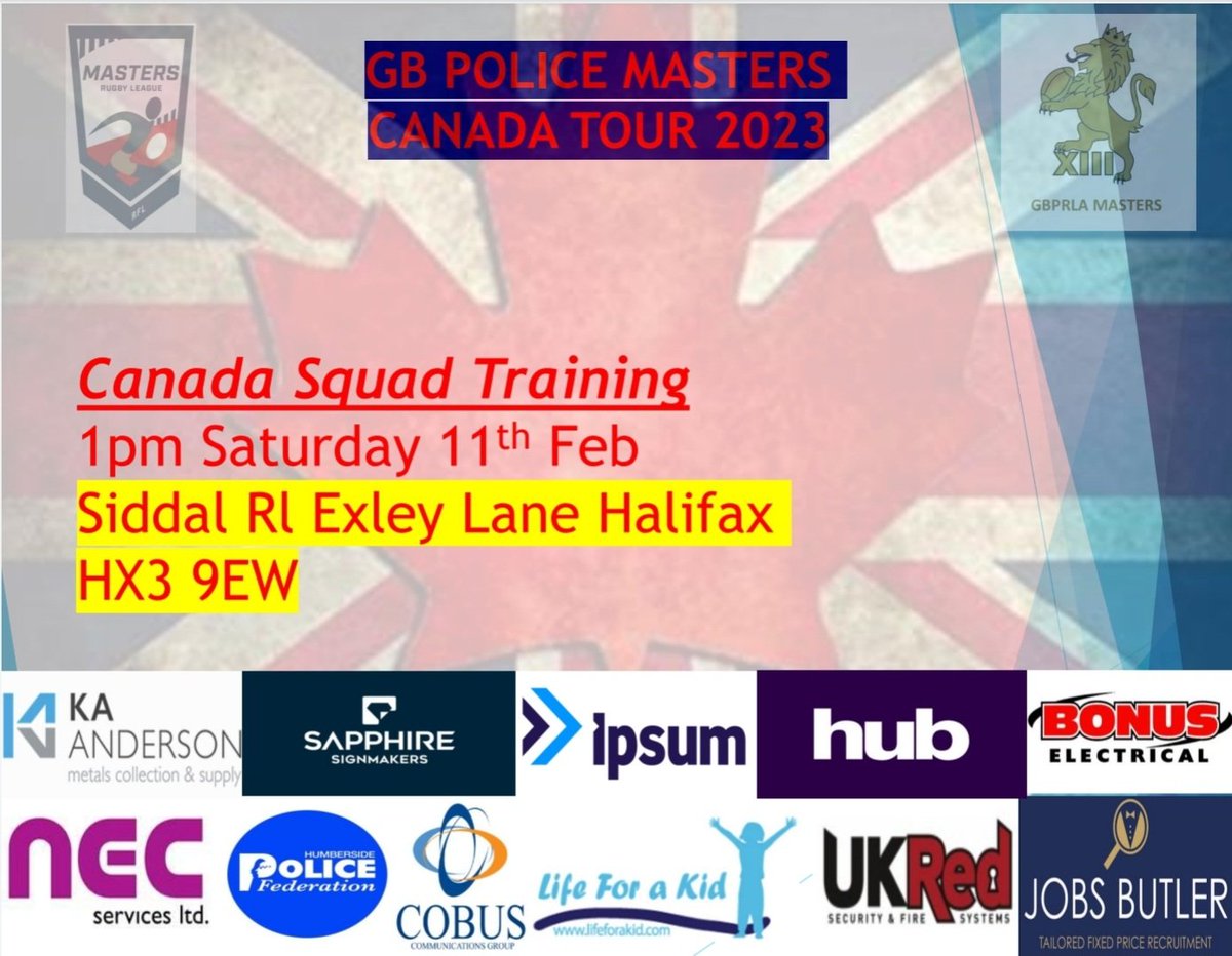 Looking forward to a run around at weekend with the <a href="/siddalrl/">SiddalARLFC</a> masters boys in preparation for the Canada tour 🇨🇦
Huge thanks to Chris Davidson for sorting 💙
<a href="/Gibmeister111/">Neil Gibson</a> <a href="/moorey2012/">Steven Moore</a> <a href="/Jamie_Ca55idy/">Jamie Cassidy</a> <a href="/Rich_Ellis11/">Rich Ellis</a> <a href="/GBpoliceRL/">Great Britain Police Rugby League Association</a> @APXSports <a href="/SapphireSigns/">Sapphire - Signmakers</a>
<a href="/IpsumUtilities/">Ipsum</a> <a href="/CobusLtd/">Cobus Communications</a>