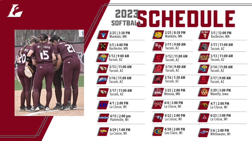 UWLAthletics's tweet photo. T-minus 19 days until our @UWLSOFTBALL team hits the diamond for their first double header of the season. Catch UWL Softball at home on April 1st. Keep up with the Eagles and view their schedule: https://t.co/y5H00jcjBc
#SoarUWLEagles https://t.co/f2jCjDOsQH