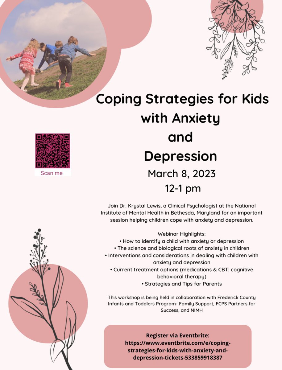 Join Dr. Krystal Lewis, a Clinical Psychologist at the NIMH for a session on helping children cope with anxiety & depression. This is being held in collaboration with Partners for Success, Frederick County Infants and Toddlers Program, and NIMH. #familysupports