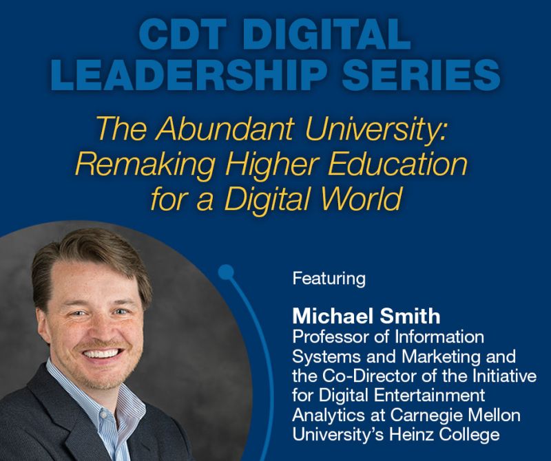 UCI's Center for Digital Transformation (@uci_cdt) on Twitter photo Join us for a conversation tomorrow (2/7) at 5:30 PM with <a href="/mdscmu/">Michael D. Smith</a>, Professor at <a href="/CarnegieMellon/">Carnegie Mellon University</a>'s <a href="/HeinzCollege/">Heinz College at CMU</a> and <a href="/teppercmu/">Tepper CMU</a> on the reinvention of higher education and why it is ripe for disruption. Register here: bit.ly/CDTMikeSmith #digitaltransformation #highereducation Join us for a conversation tomorrow (2/7) at 5:30 PM with <a href="/mdscmu/">Michael D. Smith</a>, Professor at <a href="/CarnegieMellon/">Carnegie Mellon University</a>'s <a href="/HeinzCollege/">Heinz College at CMU</a> and <a href="/teppercmu/">Tepper CMU</a> on the reinvention of higher education and why it is ripe for disruption. Register here: bit.ly/CDTMikeSmith #digitaltransformation #highereducation