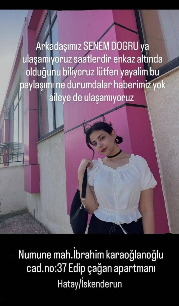 damlagliba's tweet photo. ÇOK ACİL SENEM DOĞRU’YA ULAŞILAMIYOR ENKAZ ALTINDA OLDUĞU BİLİNİYOR ACİL YAYALIM https://t.co/kHhSGUVKRU