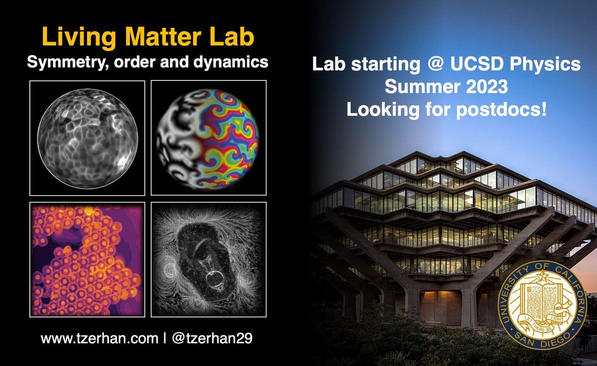 Pls retweet🙏🙏My new group at UCSD Physics is looking for postdocs to join us. Our lab combines experiments with creative data analysis to understand how symmetry, order and dynamics emerge in living matter tzerhan.com/team