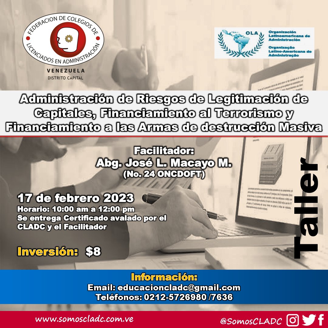 SomosCLADC's tweet photo. #CLADC

Te invitamos a participar en el Taller: Administración de Riesgos de Legitimación de Capitales, Financiamiento al Terrorismo y Financiamiento a las Armas de destrucción Masiva

Información:
Email: educacioncladc@gmail.com
Tlfs: 0212-5726980 /7636

#6feb
#TallerCLADC https://t.co/Swi5xEWBtG