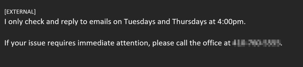ANarrowView's tweet photo. This is the greatest auto-reply I've ever received in my life. #WorkLifeBalance https://t.co/rMyTlDSZpn