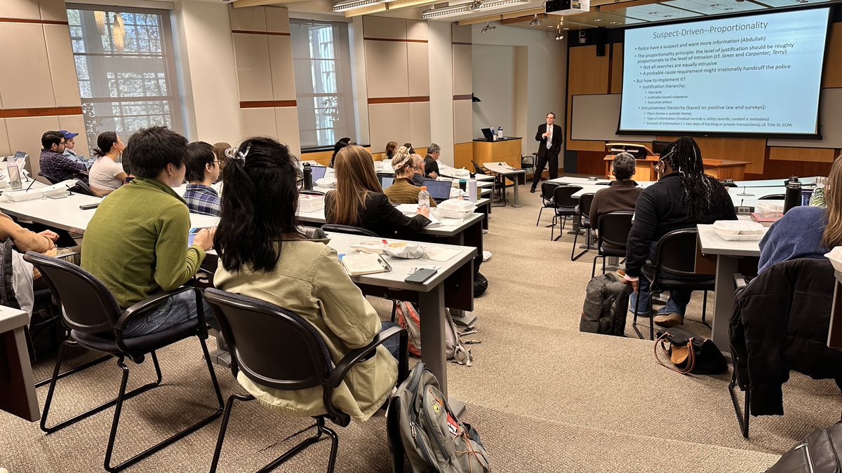 Today at Duke Law: @WilsonCSJ_’s @BrandonLGarrett talk with @VanderbiltLaw’s @CSlobogin (“Virtual Searches”) introduced students to a useful new tool for sorting through the wide array of old, new, and soon-to-arrive policing techniques and a framework for regulating their use.