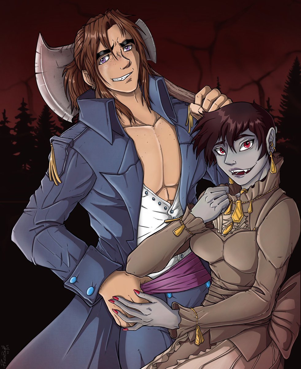Commission art done for <a href="/DukeValeon/">𝐕𝐀𝐋𝐄𝐎𝐍</a> of her gf’s characters from the comic Coldsweat! A brilliant comic to read starring a lumberjack butch woman Drasil and the vampire Mina! 😄

#art #comics #webcomics #butchwoman #lesbian #lgbtq #vampire #illustration #digitalart