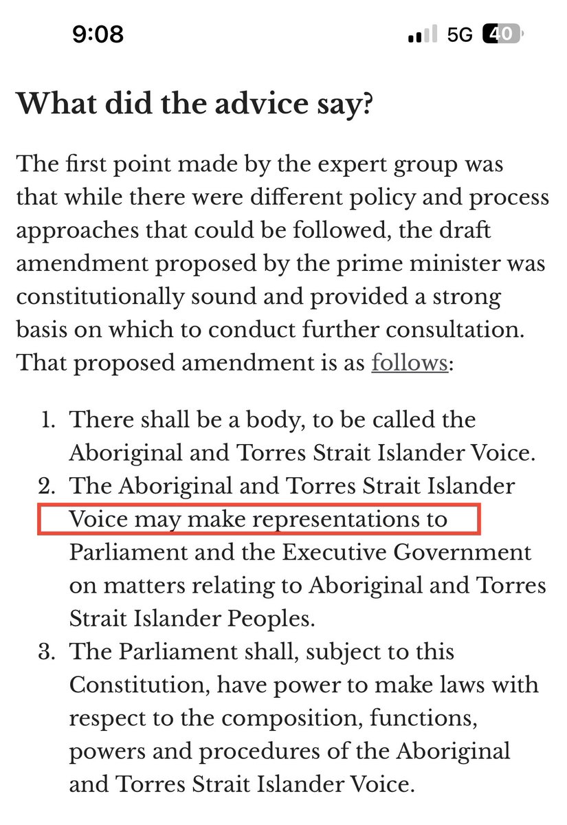 GlassPyramidInc's tweet photo. @RonniSalt Abusing indigenous voices is not a good look.

The idea that that HC will not have a role in interpreting what "representations" means when it is added to the constitution is naive.

Demonstrating due consideration is likely to be a minimum requirement https://t.co/AuwQg1clH8