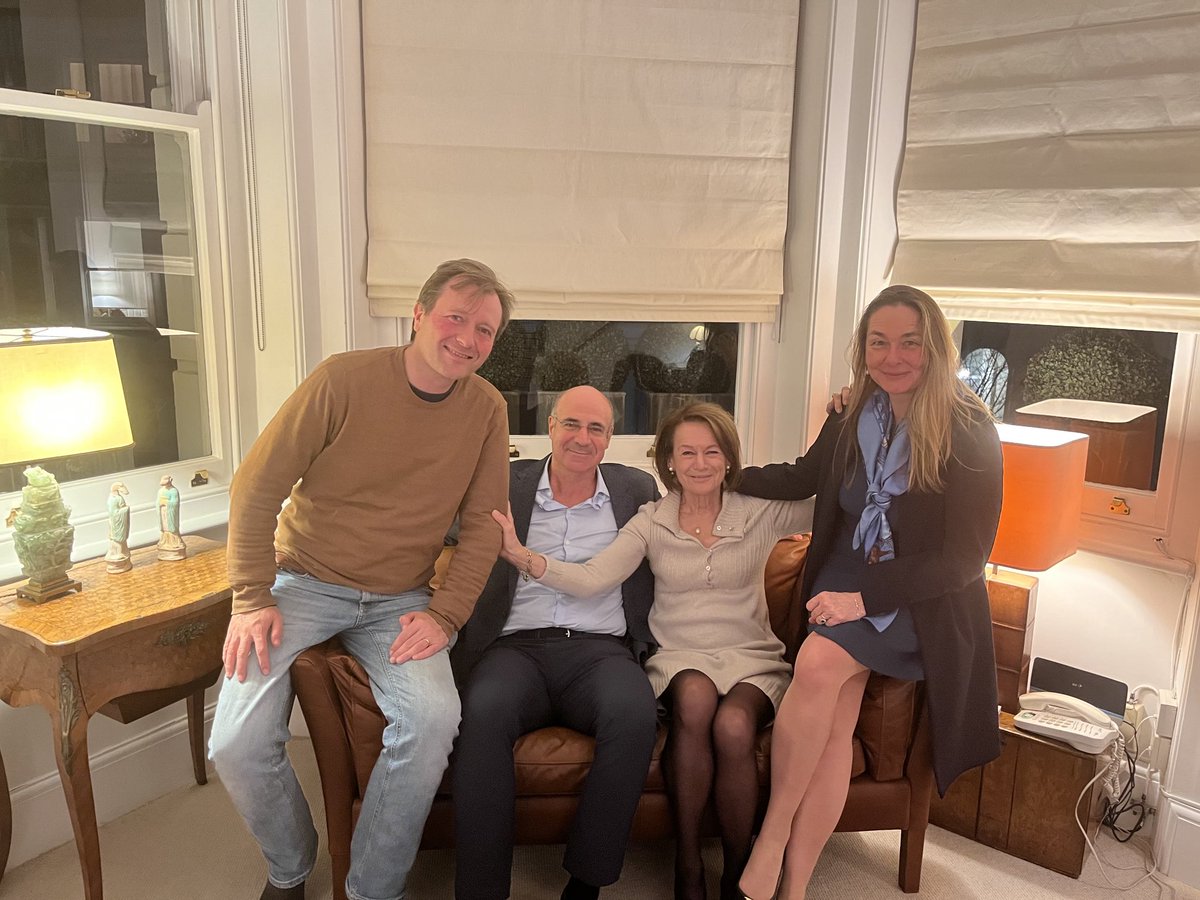 Billbrowder's tweet photo. In a world of bad news, this was a glorious evening. Back in November 2021, I sat with Richard Ratcliffe (husband of Nazanin) along with ⁦@MoniqueVilla⁩ and Penny Madden KC to strategize to get Nazanin out of Iranian prison. Tonight we all gathered with Nazanin in person! https://t.co/pNpKUINXr5