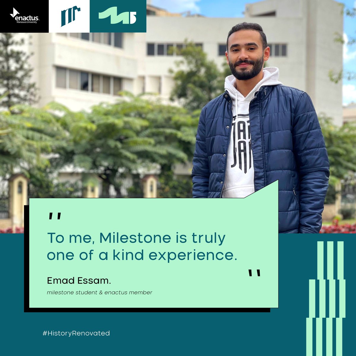 EnactusMans's tweet photo. Milestone’s unmatched vibes and the knowledge it has to offer made Emad want to be a part of Milestone this year without thinking twice.
🛣️Apply now and live your own journey.
Here https://t.co/gzP0ocYxhc
#enactusmans #Milestone23 #HistoryRenovated #5th_Edition https://t.co/fAvb1ngmpa